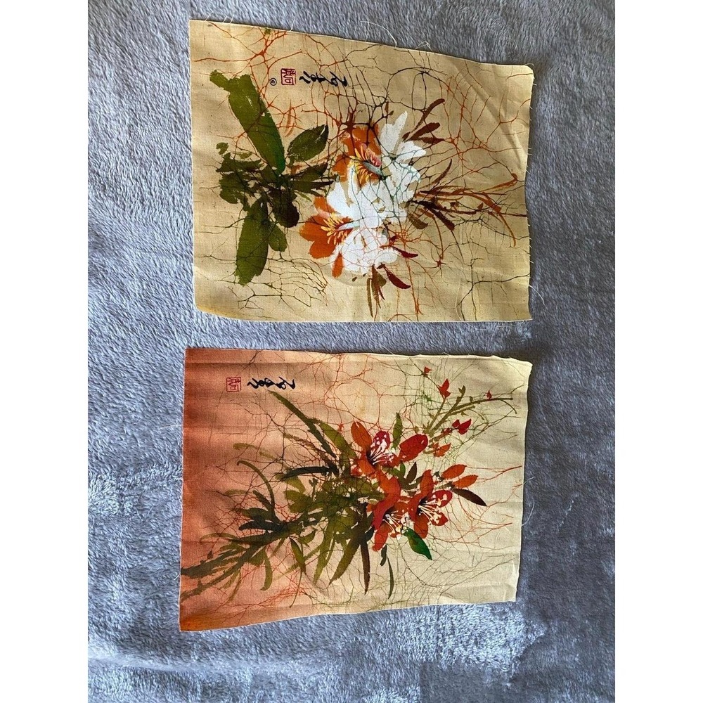 Batik Art Indian Textiles Painted Fabric Floral Signed Design 2 DIY Junk Journal